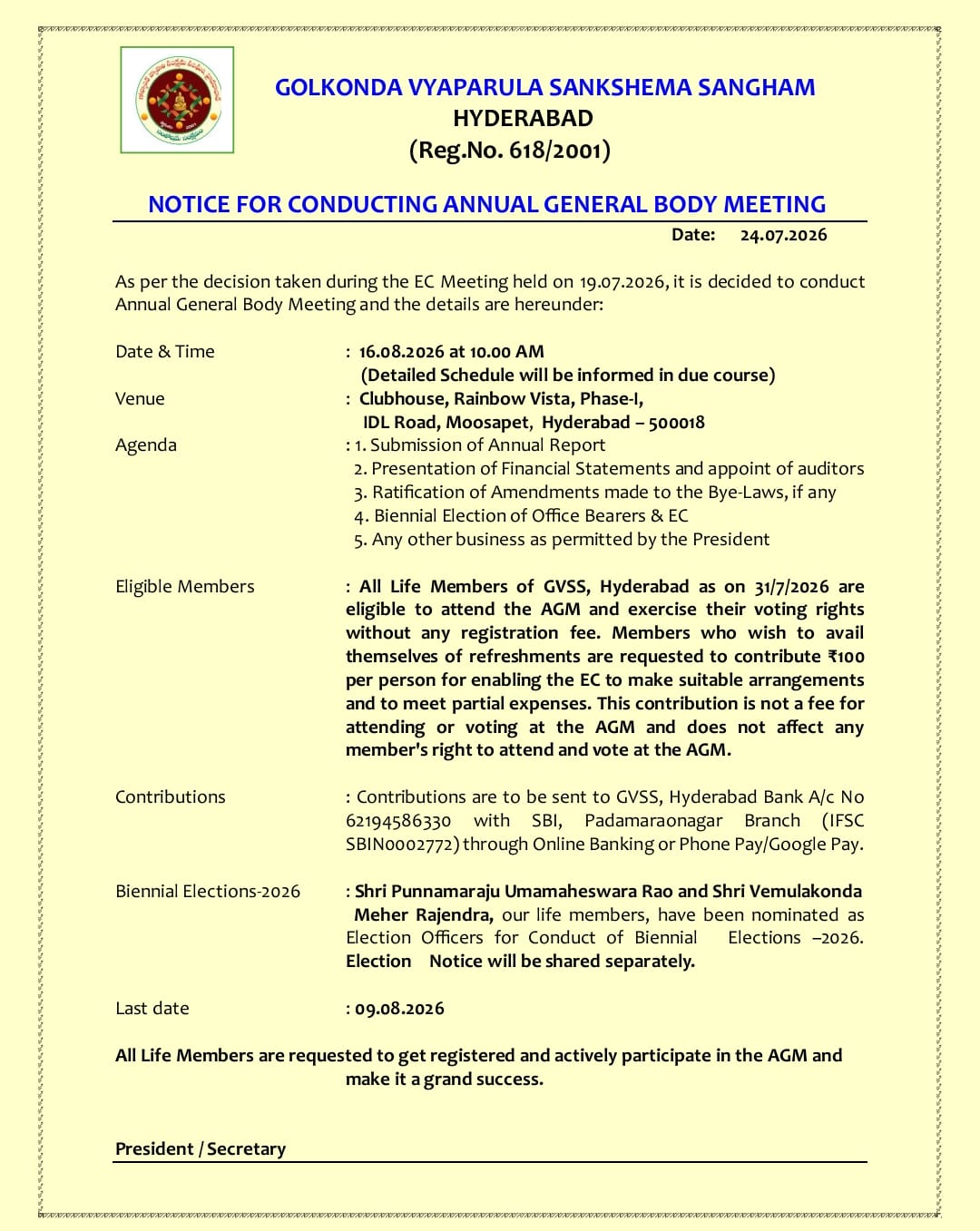 Notice for conducting annual general body meeting